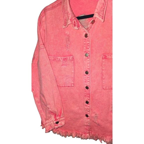 Vintage Pink Distressed Denim Jacket With Frayed Hem & Button Front Large - Picture 4 of 9